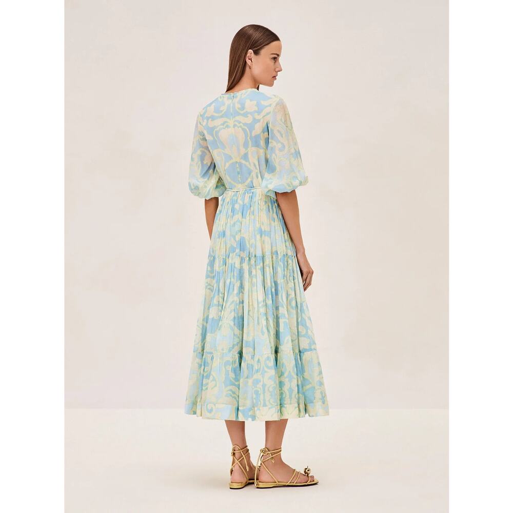 NEW Alexis Vilas Blue and Green Long Sleeve Printed Maxi Dress Size Small